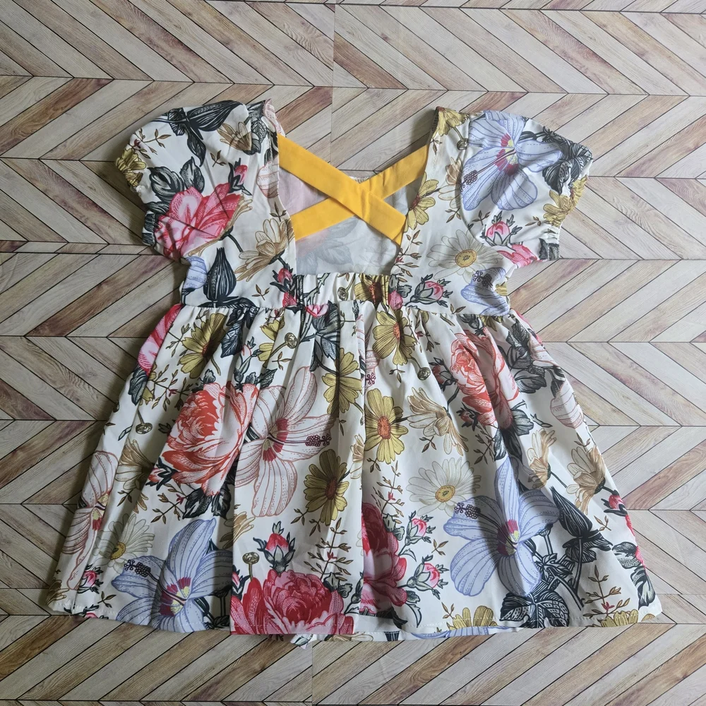 Vintage-Inspired Floral Girl's Dress Boho Garden Party Puff Sleeve Sundress 5-6Y